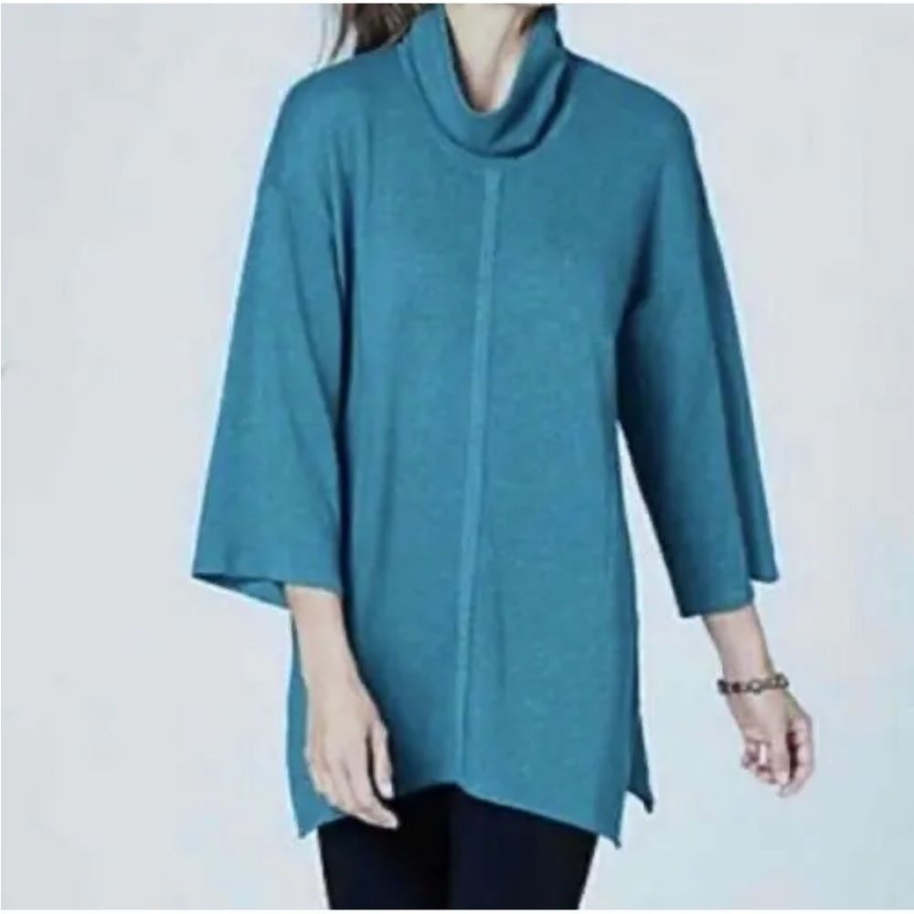 J JILL Womens PURE JILL COWL NECK TUNIC SWEATER Sz XL Pockets Teal Green Blue